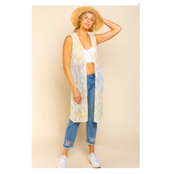 POL LEMON CLOUD OPEN WEAVE SLEEVELESS DUSTER KIMONO VEST - Picture 1 of 10